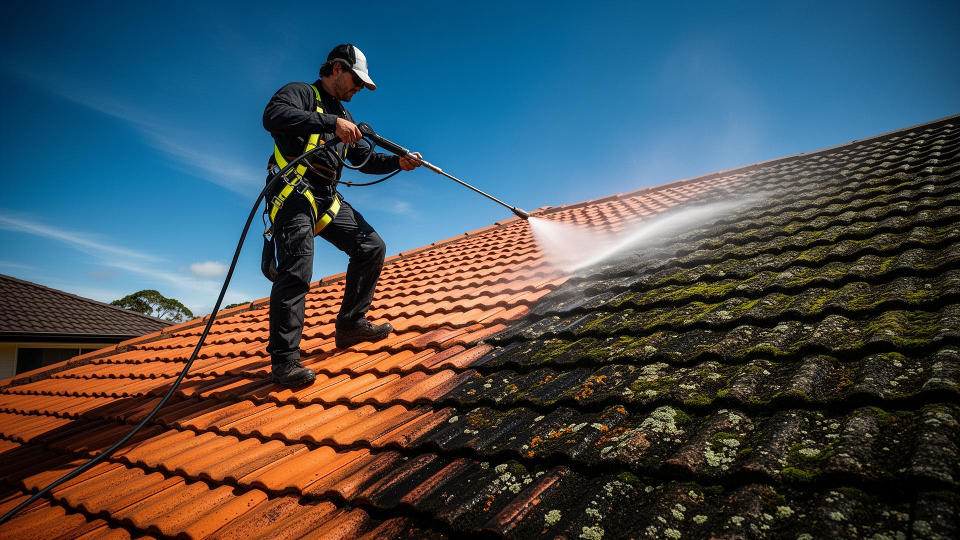 Roof cleaner soft-washing a tiled Brisbane roof